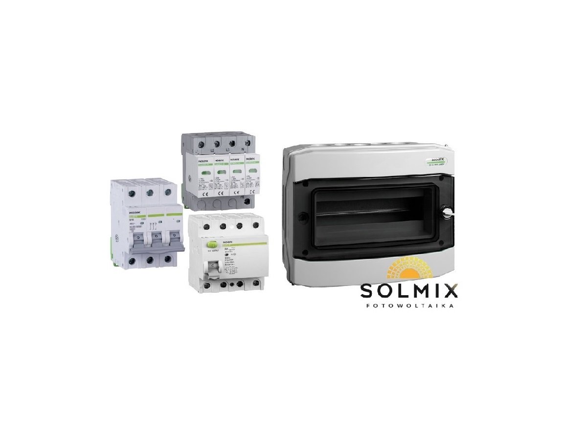 Skrzynka rozdzielcza AC do zastosowań w instalacjach fotowoltaicznych oraz ograniczniki przepięć AC, wyłącznik nadprądowy 3-fazowy, producent Noark.