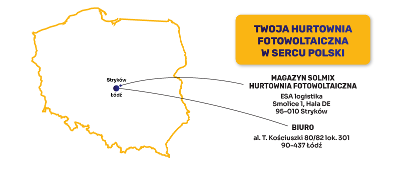 Solmix - Twoja hurtownia fotowoltaiczna w sercu Polski. 
Adres naszego magazynu: 
Solmix Sp. z o.o., 
Smolice 1, 95-010 Stryków, Hala DE